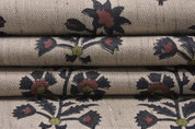 Indian Black & Brown Floral Print Linen Blend Fabric - Sadabahar