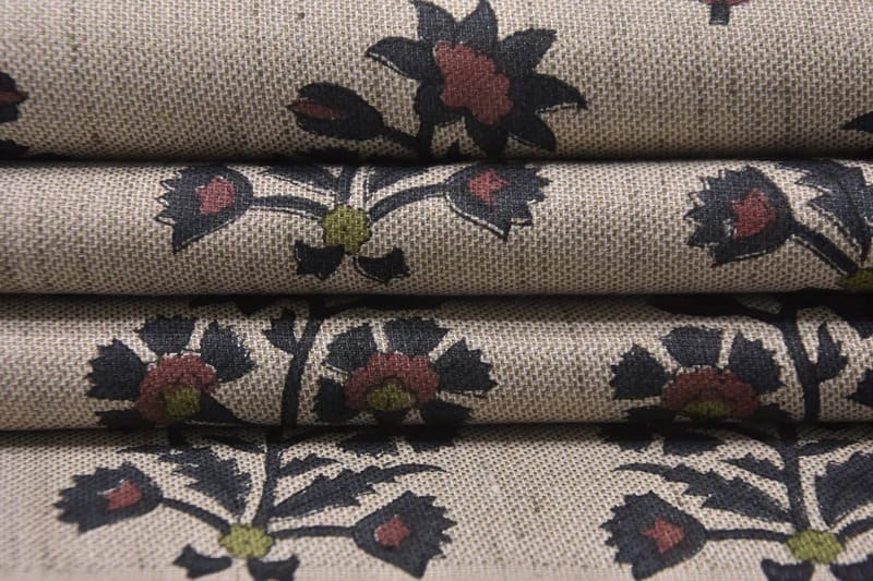 Indian Black & Brown Floral Print Linen Blend Fabric - Sadabahar