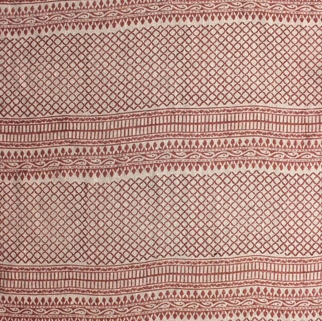 Handmade Block Print Red Floral Pure Linen Fabric - Kabutar Jaal Border