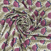 Handmade Block Print Pink & Green Linen Blend Fabric - Lotus Pink
