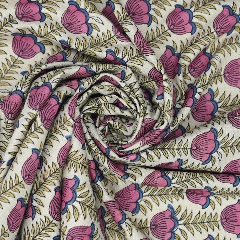 Handmade Block Print Pink & Green Linen Blend Fabric - Lotus Pink