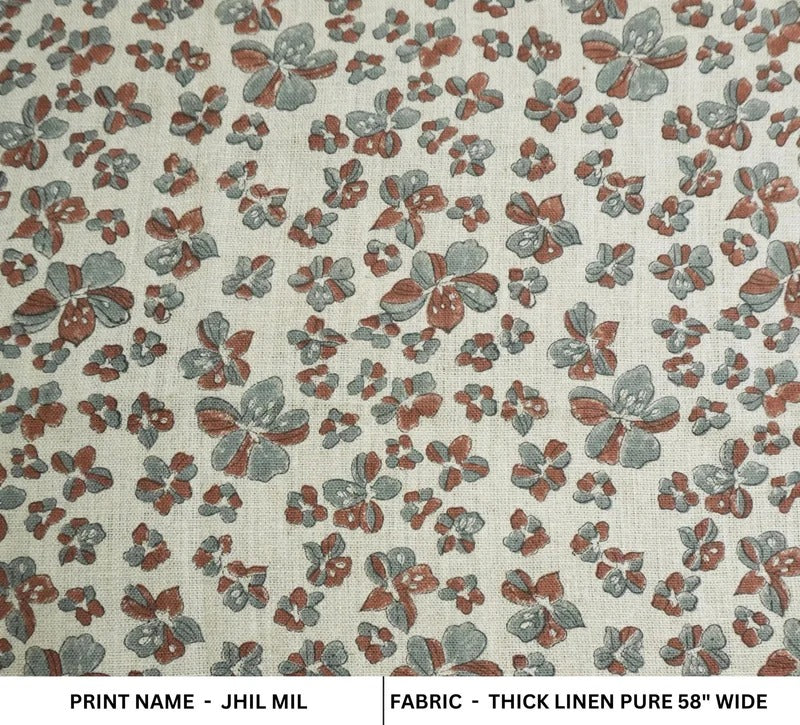 Aristan Hand Block Print Brown Florral Thick Linen  Fabric  - Jhil Mil