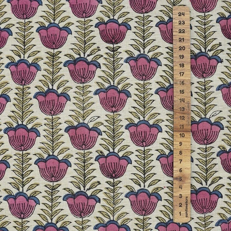 Handmade Block Print Pink & Green Linen Blend Fabric - Lotus Pink