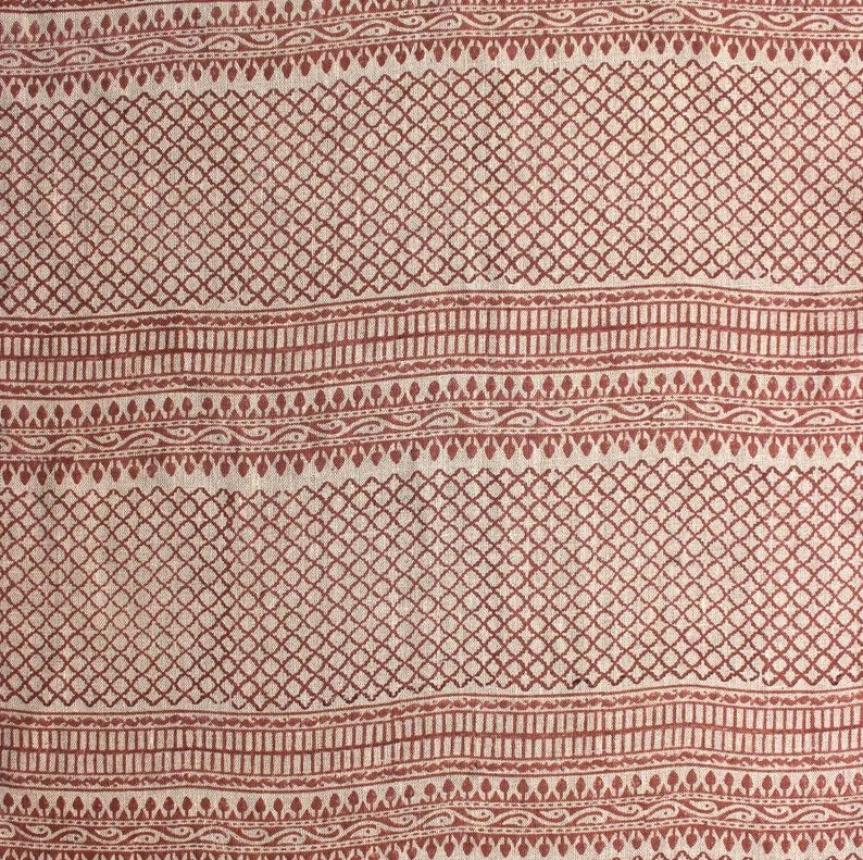 Handmade Block Print Red Floral Pure Linen Fabric - Kabutar Jaal Border