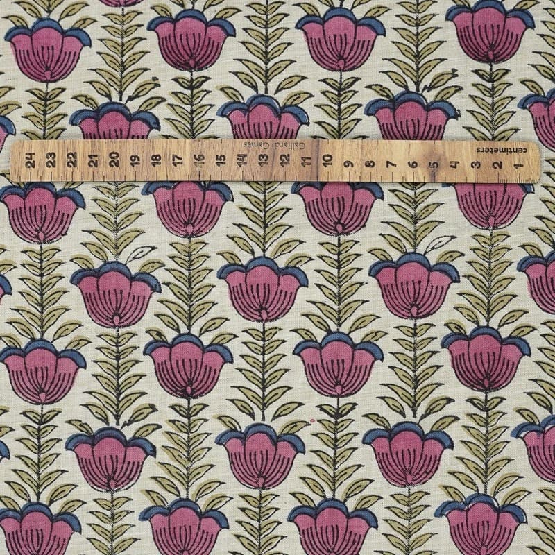Handmade Block Print Pink & Green Linen Blend Fabric - Lotus Pink