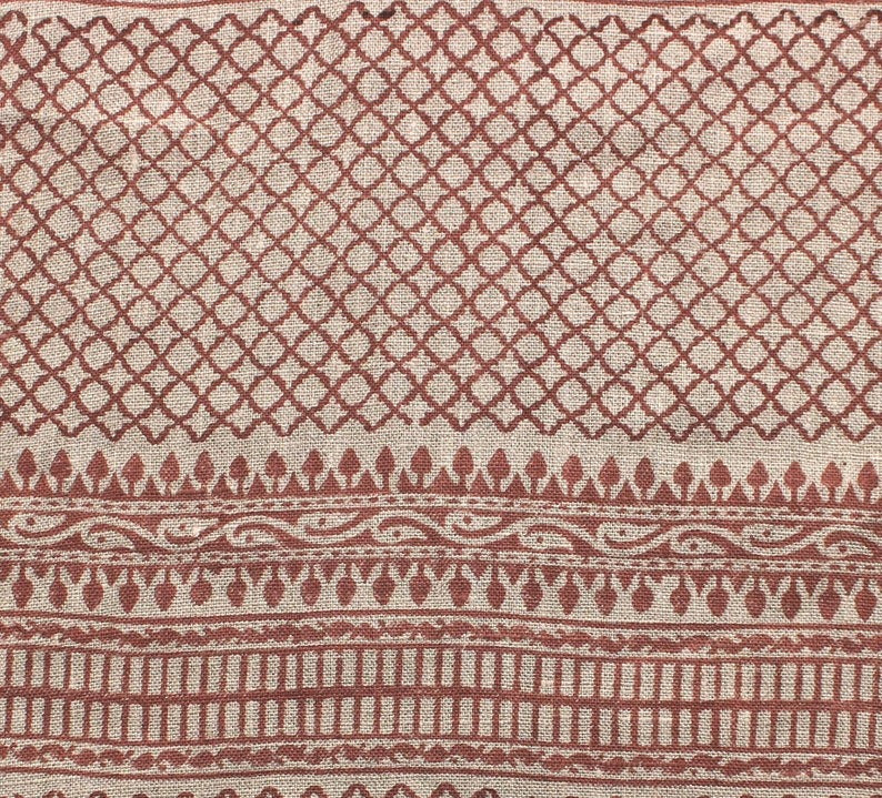 Handmade Block Print Red Floral Pure Linen Fabric - Kabutar Jaal Border