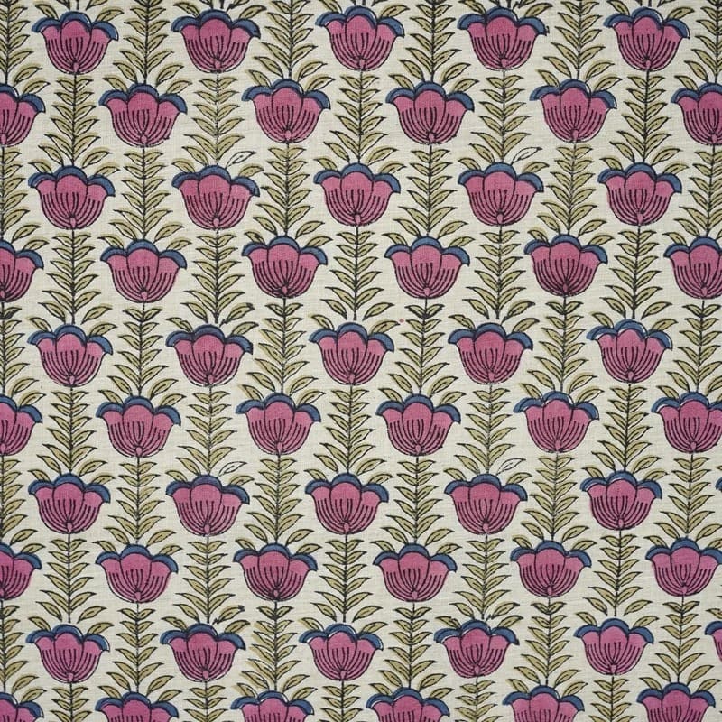 Handmade Block Print Pink & Green Linen Blend Fabric - Lotus Pink