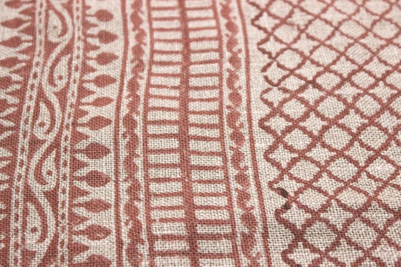 Handmade Block Print Red Floral Pure Linen Fabric - Kabutar Jaal Border