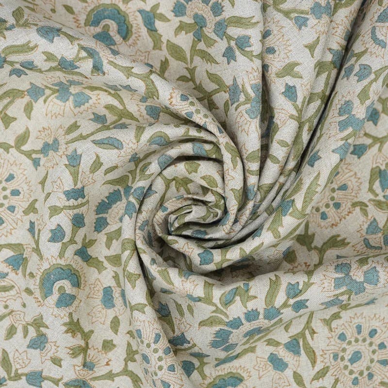 Indian Aristan Hand Block Print Blue Pure Linen Fabric - Vasundhara