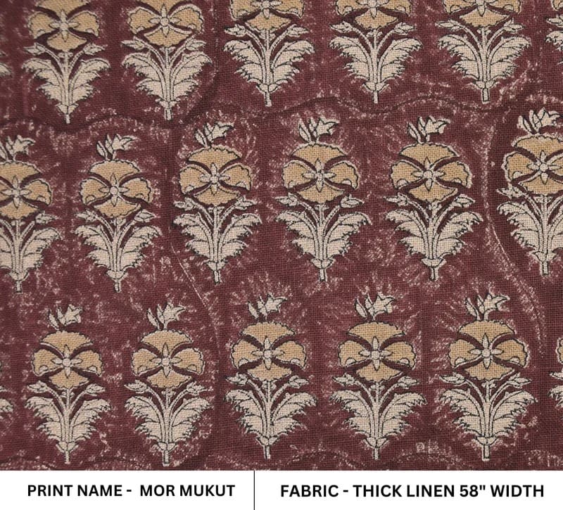 Indian Artisan Block Print Brown Floral Thick Linen Fabric - Mormukut