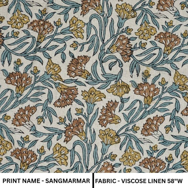 Handmade Block Print Blue Floral viscose Linen Fabric – Sangmarmar