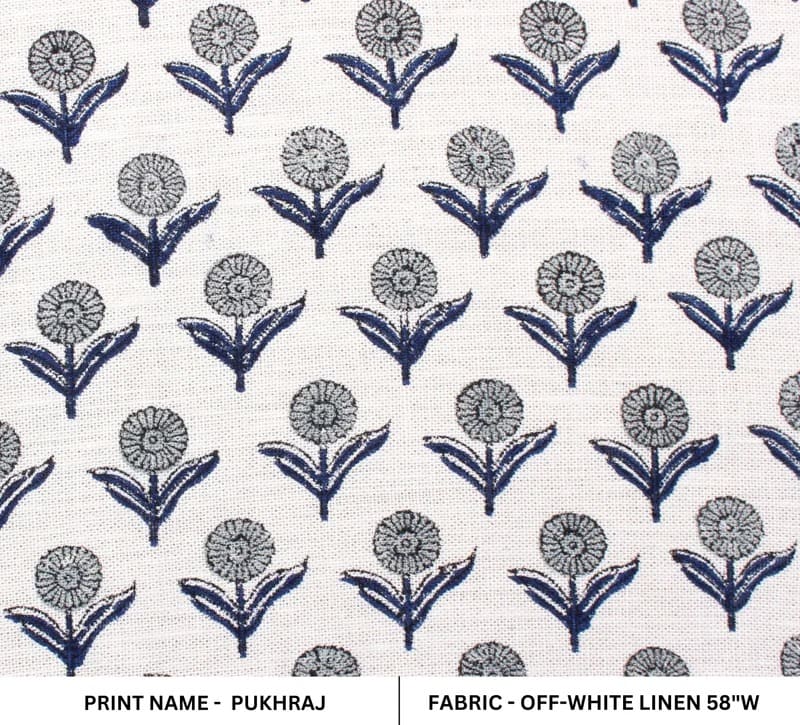 Indian Hand Block Print Blue Off White linen Fabric Cushion - Pukhraj
