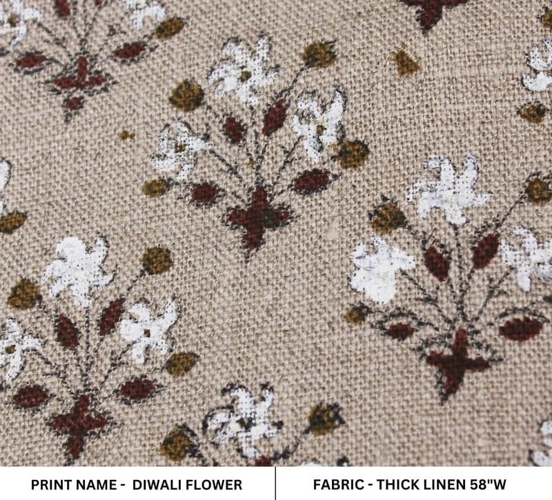 Indian Hand Block Print Brown Floral Thick Linen Fabric - Diwali Flower