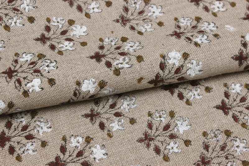 Indian Hand Block Print Brown Floral Thick Linen Fabric - Diwali Flower