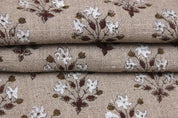 Indian Hand Block Print Brown Floral Thick Linen Fabric - Diwali Flower