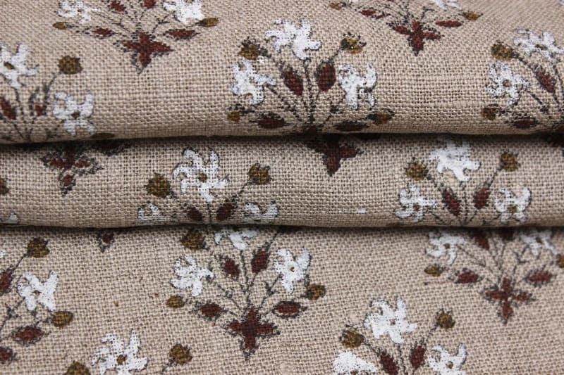 Indian Hand Block Print Brown Floral Thick Linen Fabric - Diwali Flower