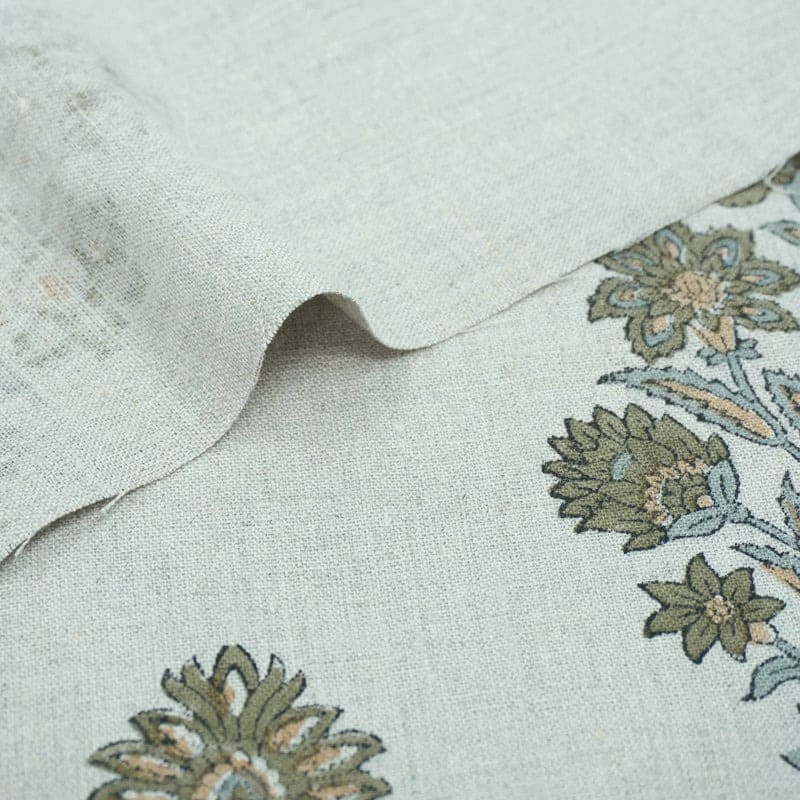 Indian Hand Block Print Green Floral Pure Linen Fabric  - Morpankh