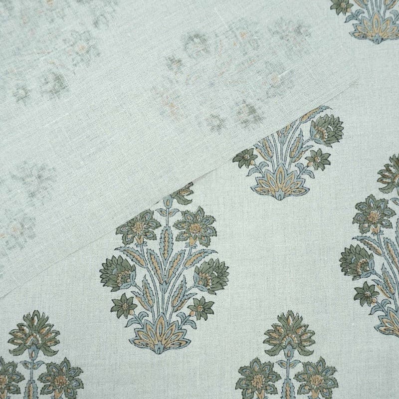 Indian Hand Block Print Green Floral Pure Linen Fabric  - Morpankh