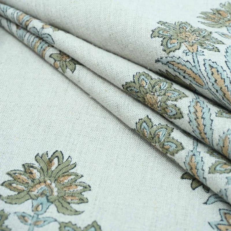 Indian Hand Block Print Green Floral Pure Linen Fabric  - Morpankh