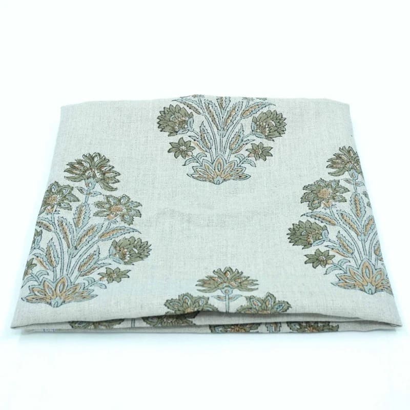 Indian Hand Block Print Green Floral Pure Linen Fabric  - Morpankh