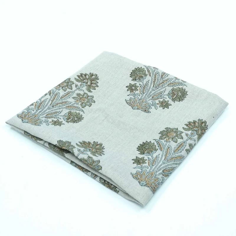 Indian Hand Block Print Green Floral Pure Linen Fabric  - Morpankh