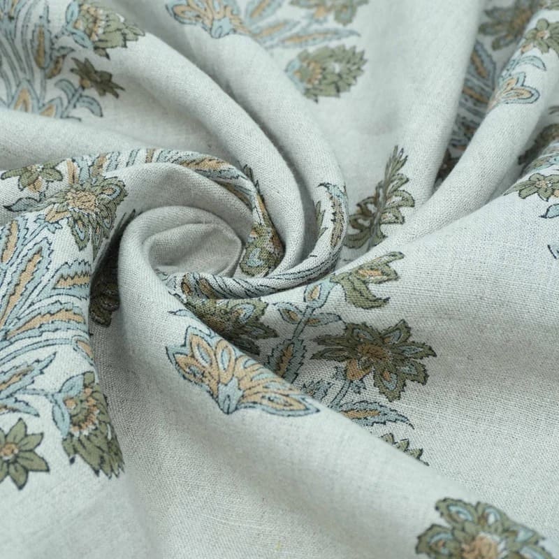 Indian Hand Block Print Green Floral Pure Linen Fabric  - Morpankh