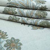 Indian Hand Block Print Green Floral Pure Linen Fabric  - Morpankh