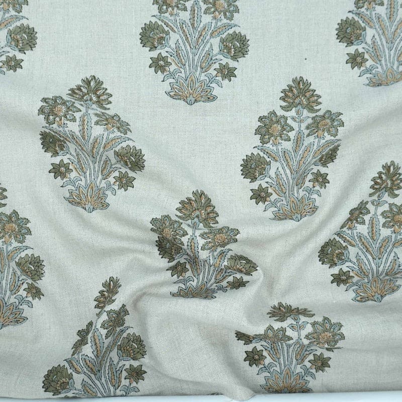 Indian Hand Block Print Green Floral Pure Linen Fabric  - Morpankh