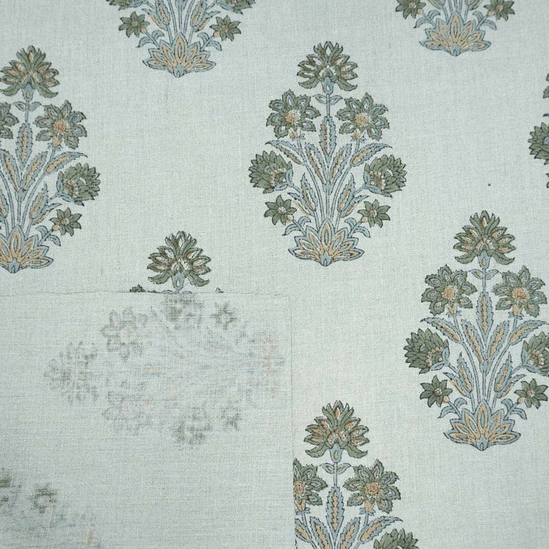 Indian Hand Block Print Green Floral Pure Linen Fabric  - Morpankh