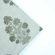 Indian Hand Block Print Green Floral Pure Linen Fabric  - Morpankh