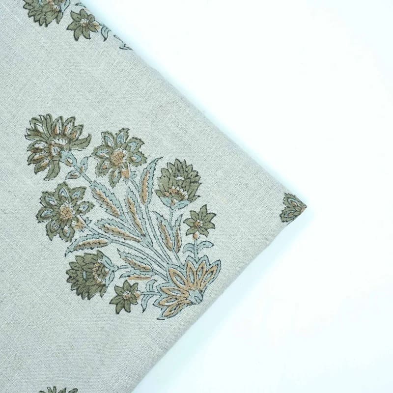 Indian Hand Block Print Green Floral Pure Linen Fabric  - Morpankh