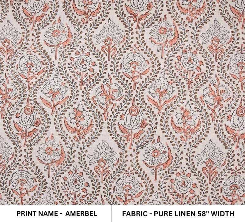 Indian Hand Block Print Pink Floral Pure Linen Fabric -  Amarbel
