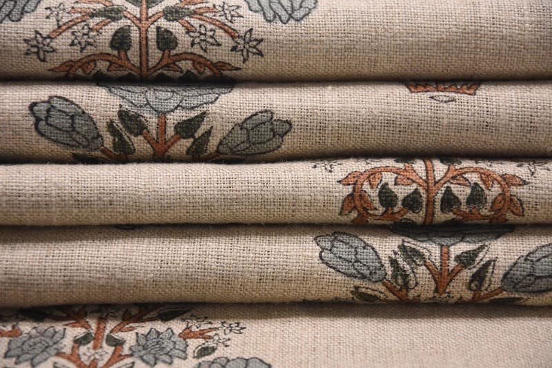 Indian Handcrafted Block Printed Gray Thick Linen Fabric - Swadesh