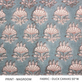 Handblock Printed Throw Boho Bluish and Beige Floral Duck Canvas Fabric For Bedroom - MUSHROOM