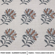 Premium Block Print Gray Thick Linen Pure Fabric- Summer Flower