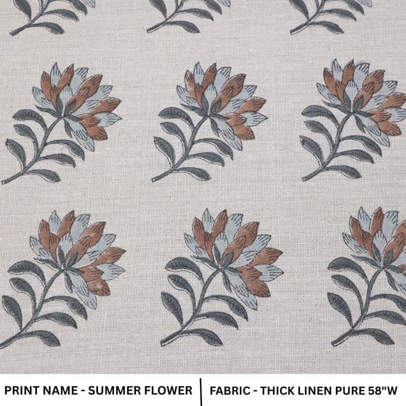 Premium Block Print Gray Thick Linen Pure Fabric- Summer Flower