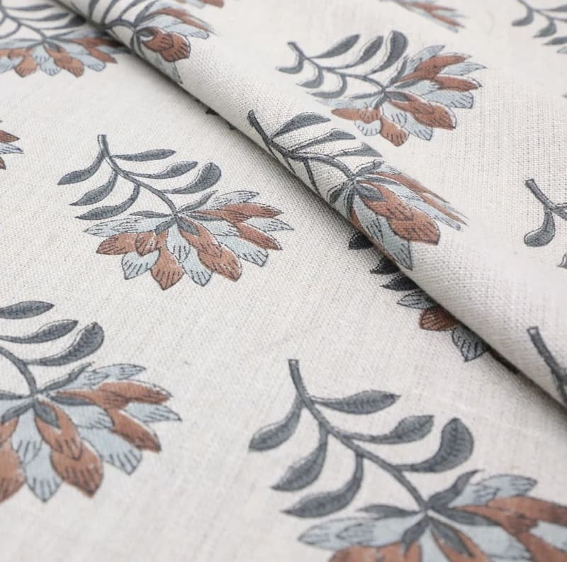 Premium Block Print Gray Thick Linen Pure Fabric- Summer Flower