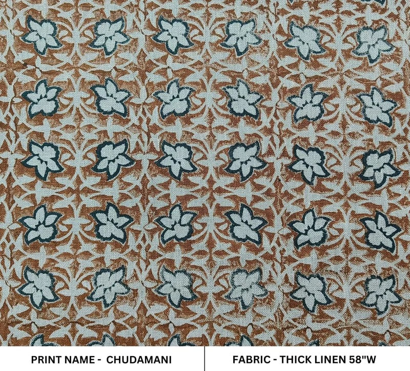Premium Hand Block Print Blue Floral Thick Linen Fabric - Chudamani