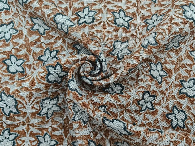 Premium Hand Block Print Blue Floral Thick Linen Fabric - Chudamani