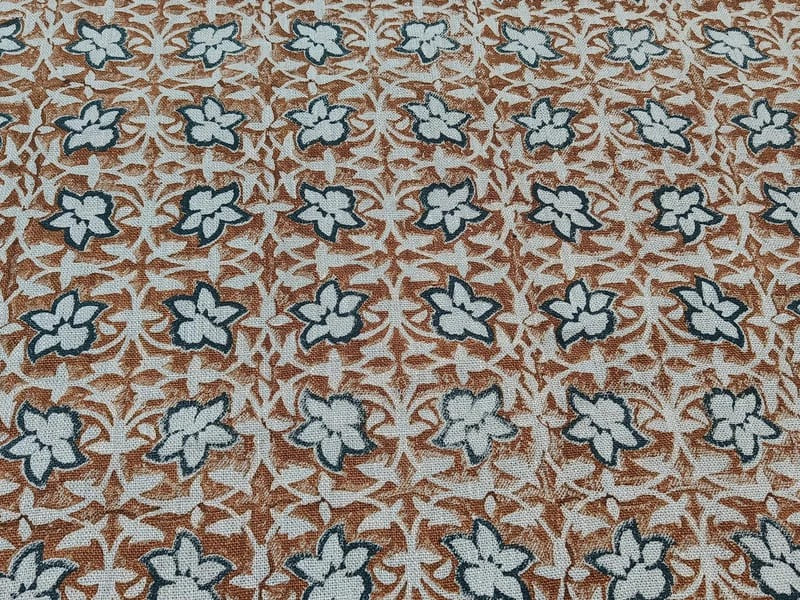 Premium Hand Block Print Blue Floral Thick Linen Fabric - Chudamani