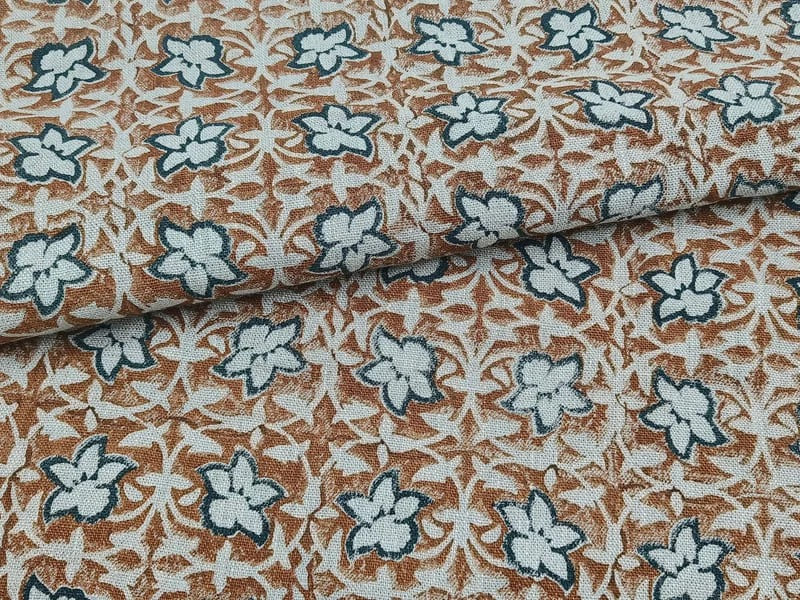 Premium Hand Block Print Blue Floral Thick Linen Fabric - Chudamani
