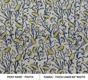 Premium Hand Block Print Blue Floral Thick Linen Fabric - Pishta