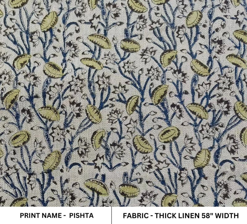 Premium Hand Block Print Blue Floral Thick Linen Fabric - Pishta