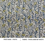 Premium Hand Block Print Blue Floral Thick Linen Fabric - Pishta