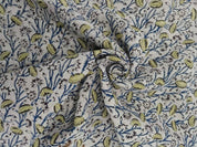 Premium Hand Block Print Blue Floral Thick Linen Fabric - Pishta