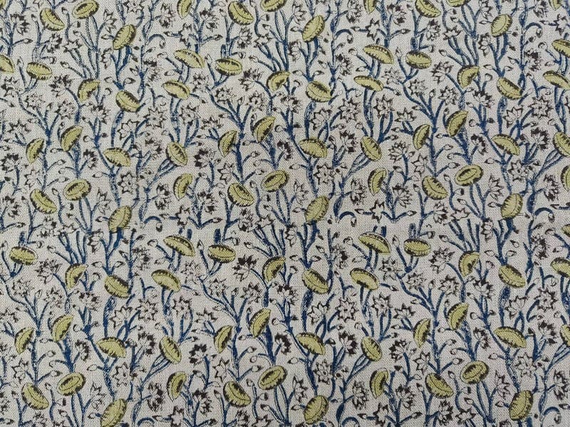 Premium Hand Block Print Blue Floral Thick Linen Fabric - Pishta