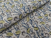 Premium Hand Block Print Blue Floral Thick Linen Fabric - Pishta