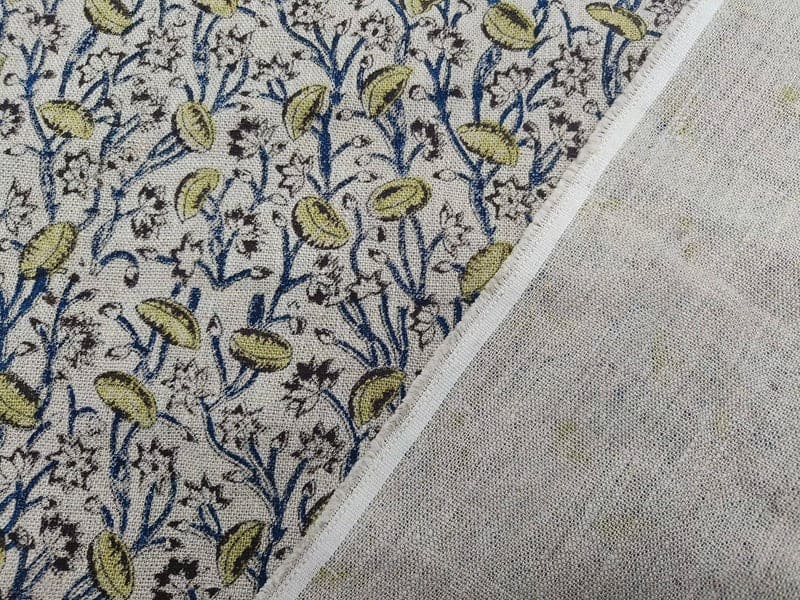 Premium Hand Block Print Blue Floral Thick Linen Fabric - Pishta