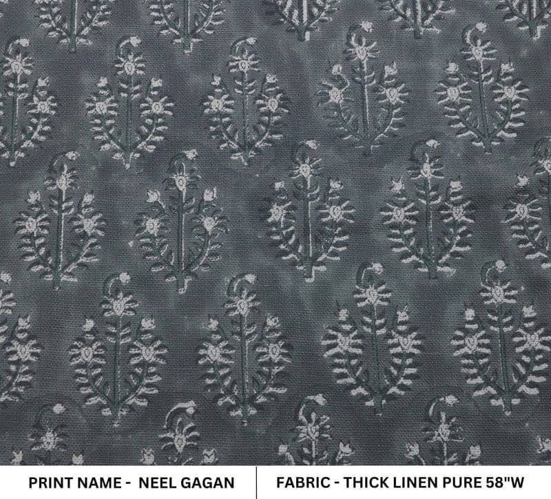 Premium Hand Block Print Dusty Blue Thick Linen Pure Fabric - Neel Gagan