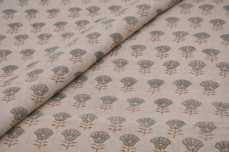 Premium Hand Block Print Brown Floral Pure linen Fabric - Kohinoor